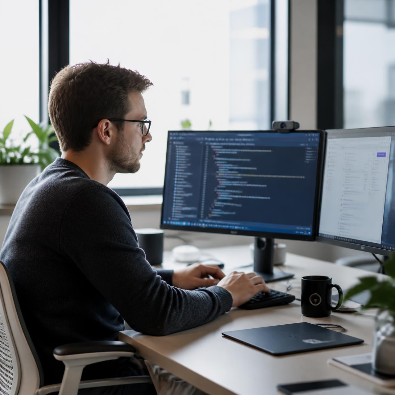 A professional working with AI-assisted tools at a modern desk